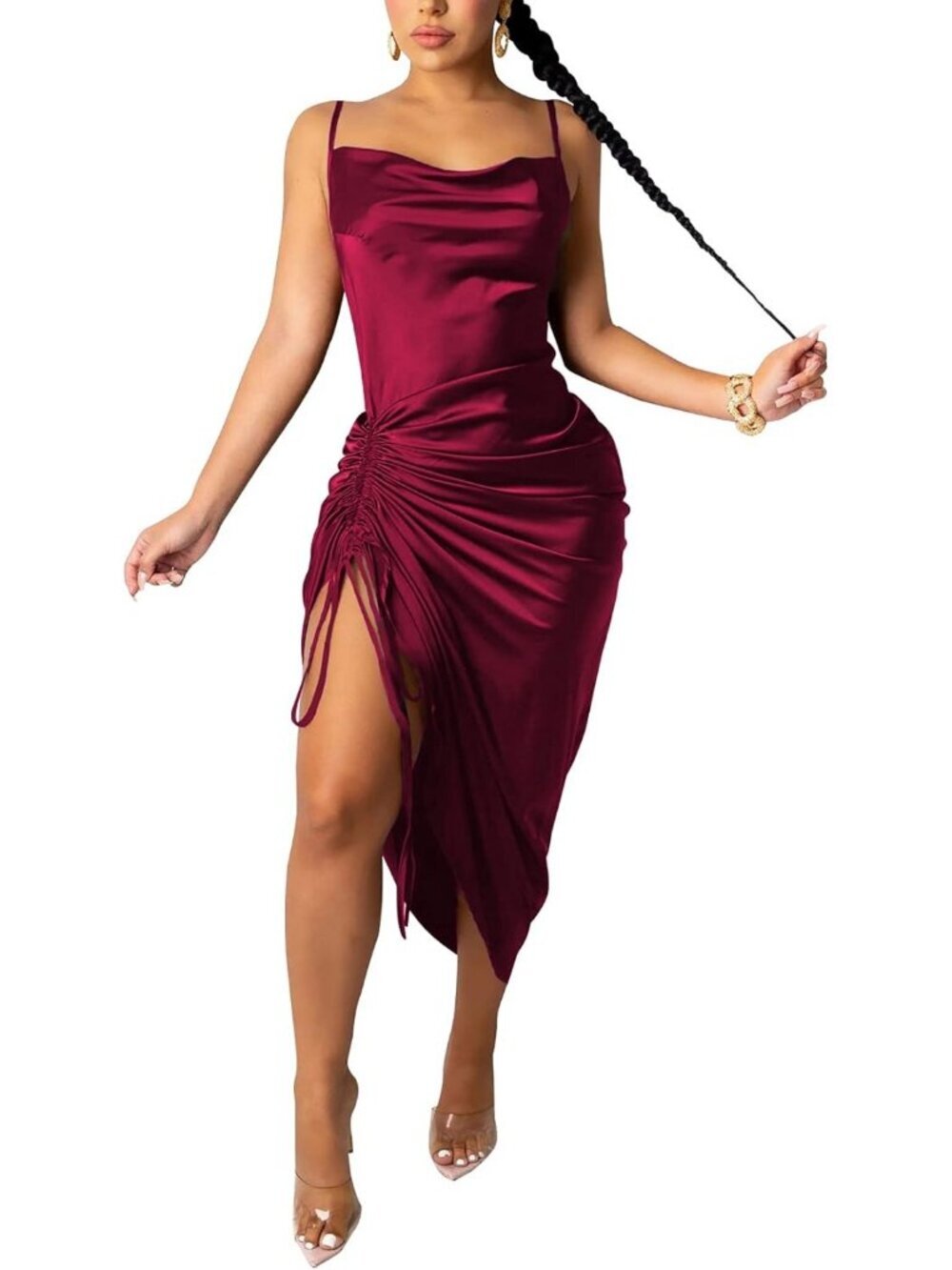 Women's Wine Spaghetti Strap Satin Sexy Backless Drawstring Party Midi Dress